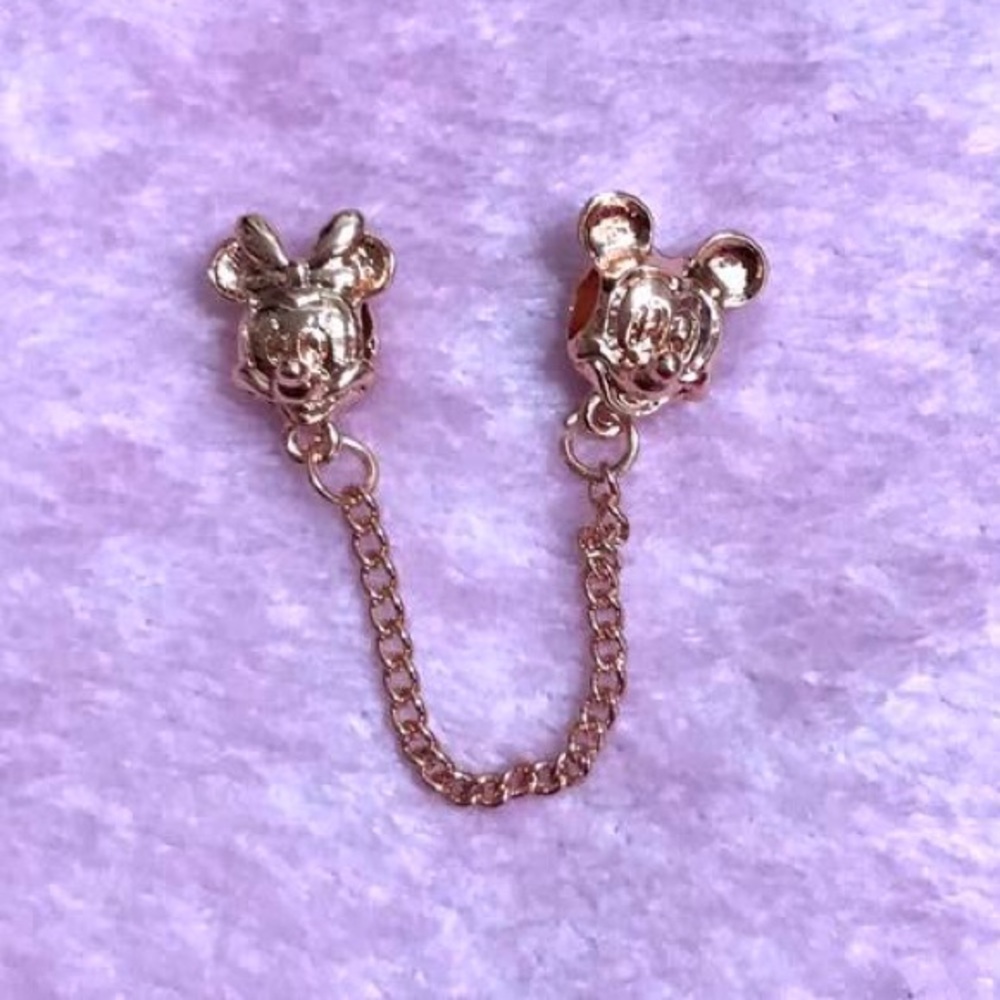 Rose Gold Mickey Minnie Mouse Safety Chain - Not Pandora - Picture 2 of 3